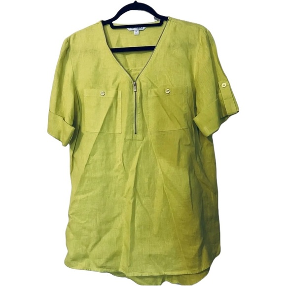 COMPANY ELLEN TRACY Limeade Yellow, 100% Linen with Gold Zipper Blouse - Picture 1 of 4